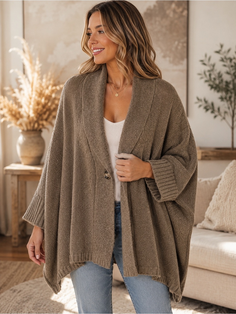 Janice Oversized Dolman Sleeve Cardigan | One Size | Taupe Acrylic Knit
